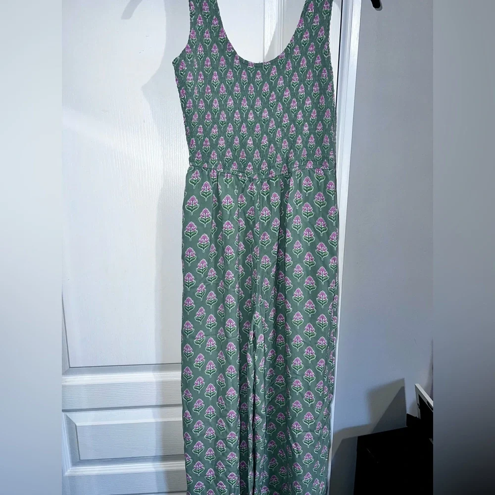 Japna Spring Floral Pink Green Flowers Viscose Smocked Tank Wide Leg Jumpsuit. - Picture 2 of 9